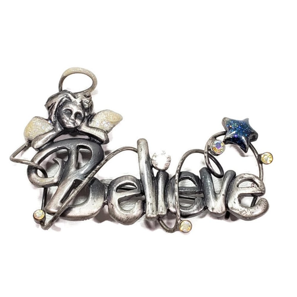 Pewter Believe Brooch Angel Star Rhinestones